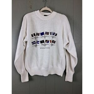 Structure 90s Sweater Mens Medium White Embroidered Flags Mountain Peaks Vintage